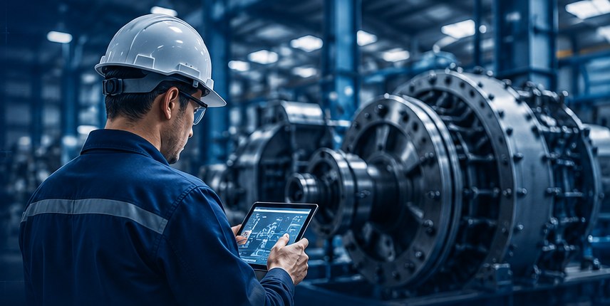 STM engineer inspecting industrial machinery on the factory floor